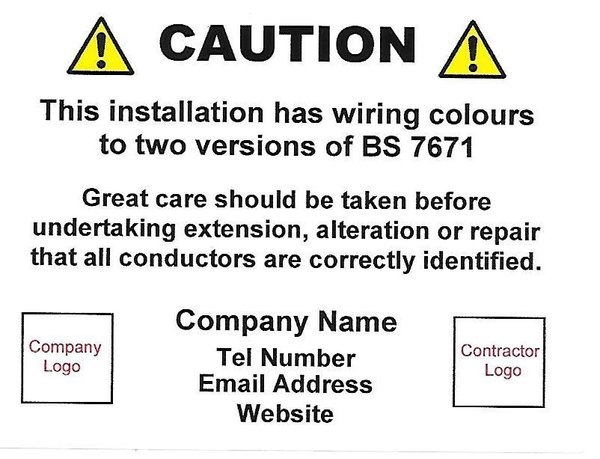 Personalised Caution / Mixed Wiring Labels with Two Logos (CAU005)